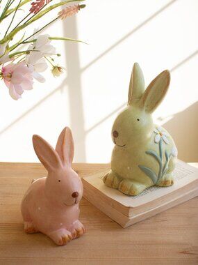 Set of 2 Colorful Faux Concrete Bunnies NEW